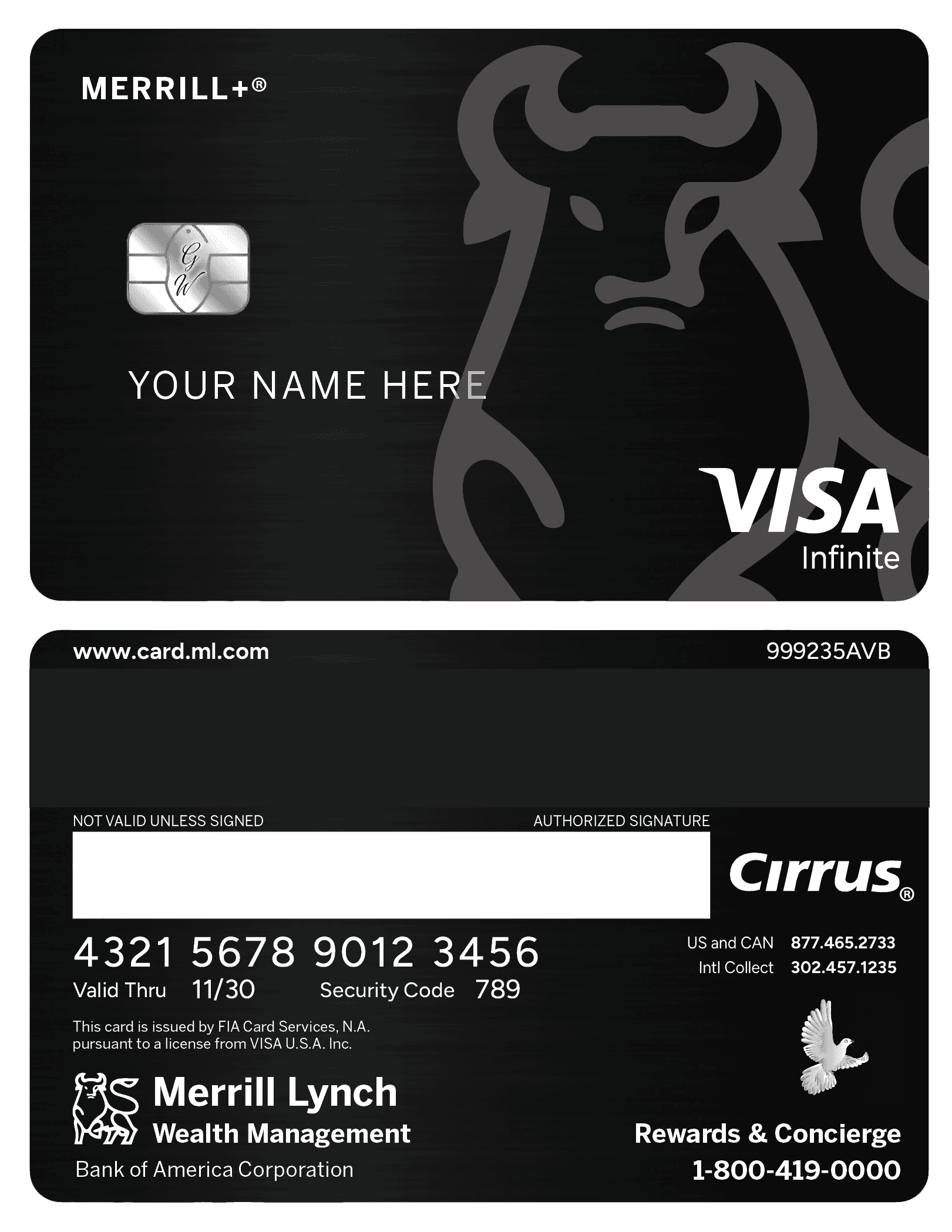 Merrill Lynch metal card, black design, bullish logo, Visa Infinite, luxury credit card.