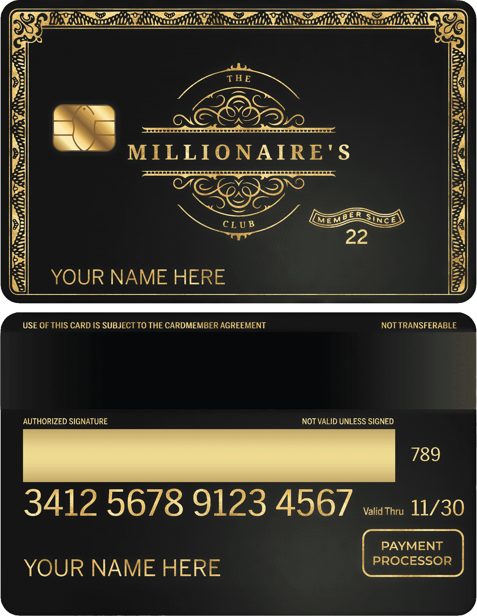 Luxury black and gold metal card with ornate border, reads 'Millionaire's Club', customizable name.
