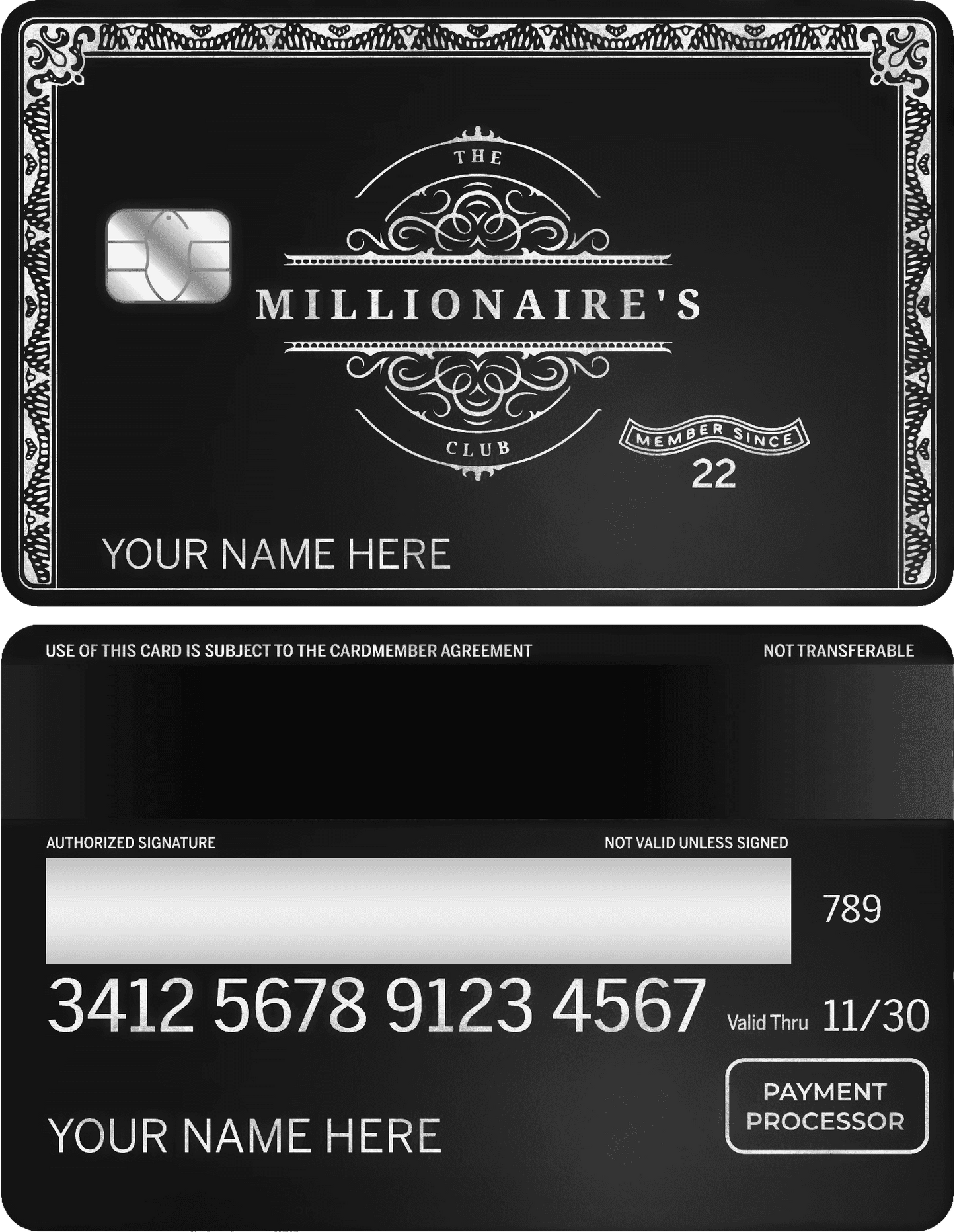 Luxury black metal card with ornate border, chip, and 'Millionaire's Club' design front and back.