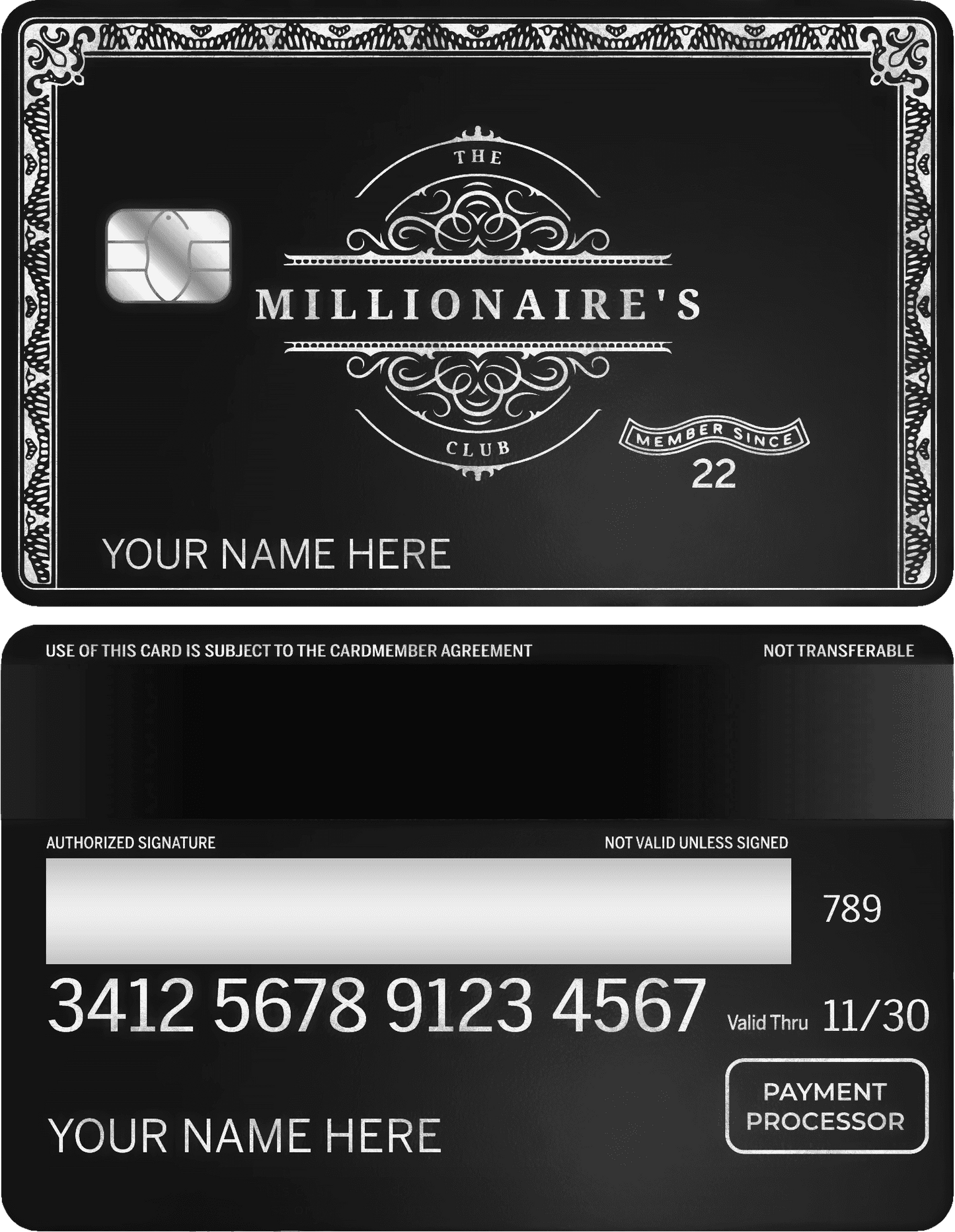High-end Millionaires Club metal card with premium finish for international clients