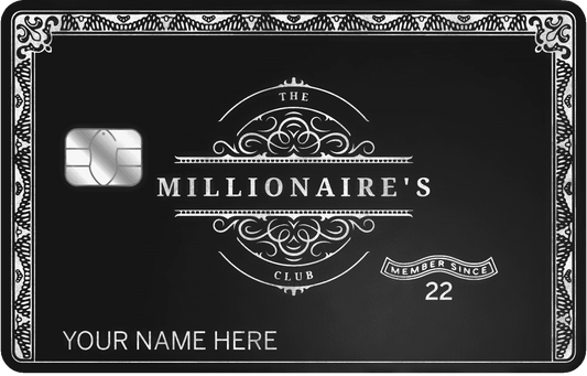 Black metal card with engraved silver details, reading 'Millionaire's Club', chip on left