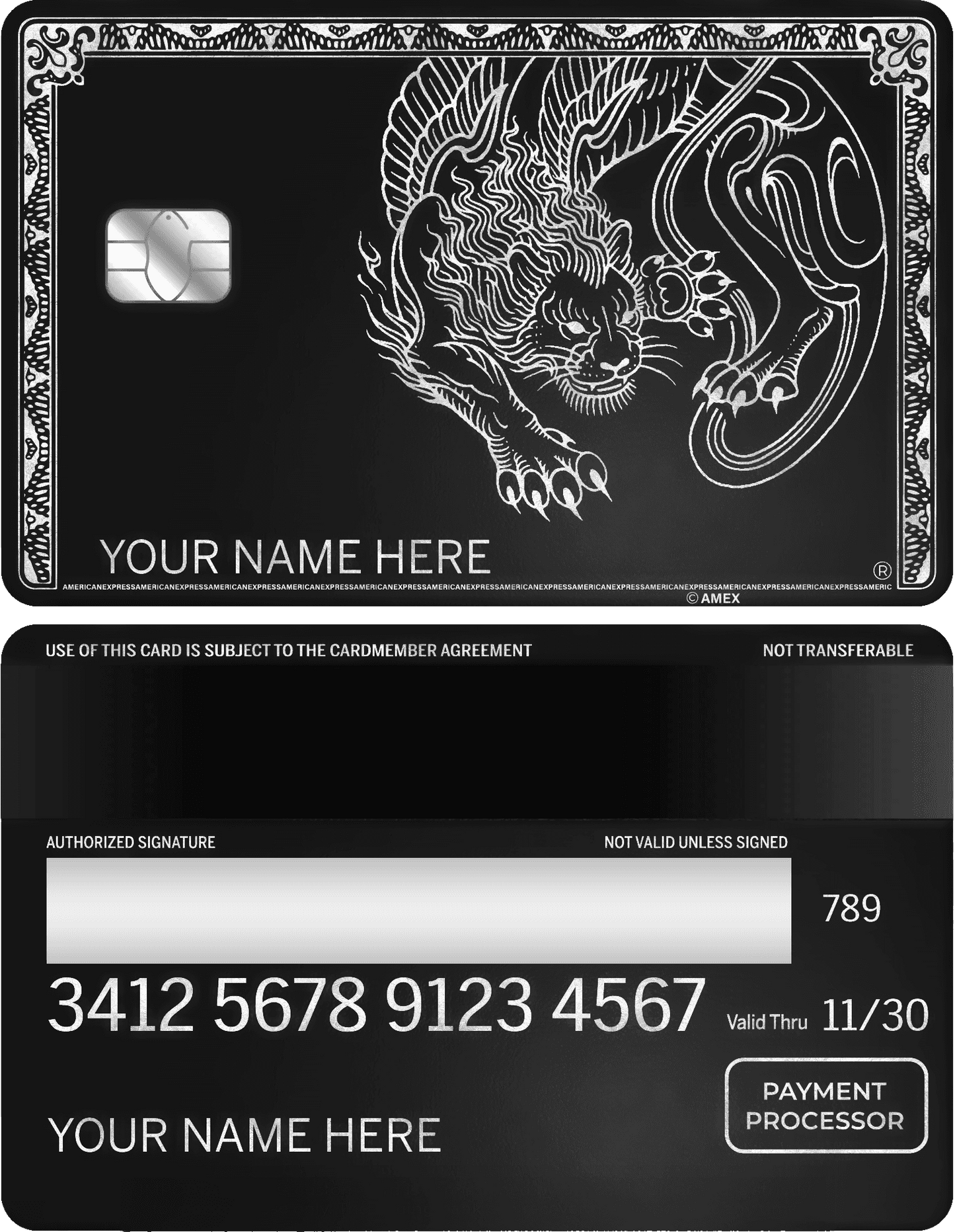 Silver metal credit card with engraved panther design, ornate border, and chip