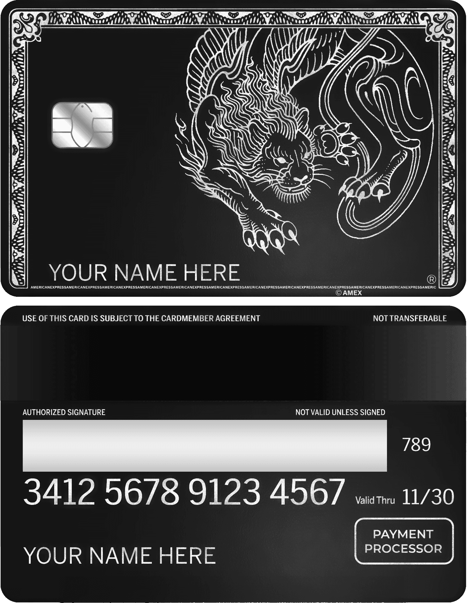 Silver metal credit card with engraved panther design, ornate border, and chip