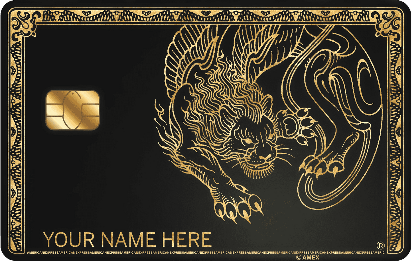 Black and gold metal card with ornate panther design and customizable name plate