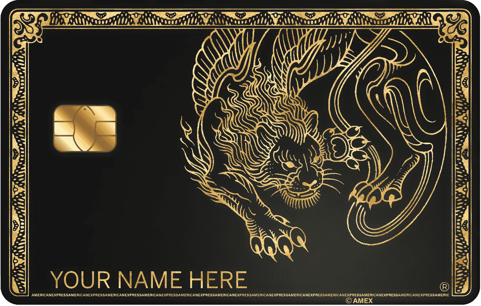 Black and gold metal card with ornate panther design and customizable name plate