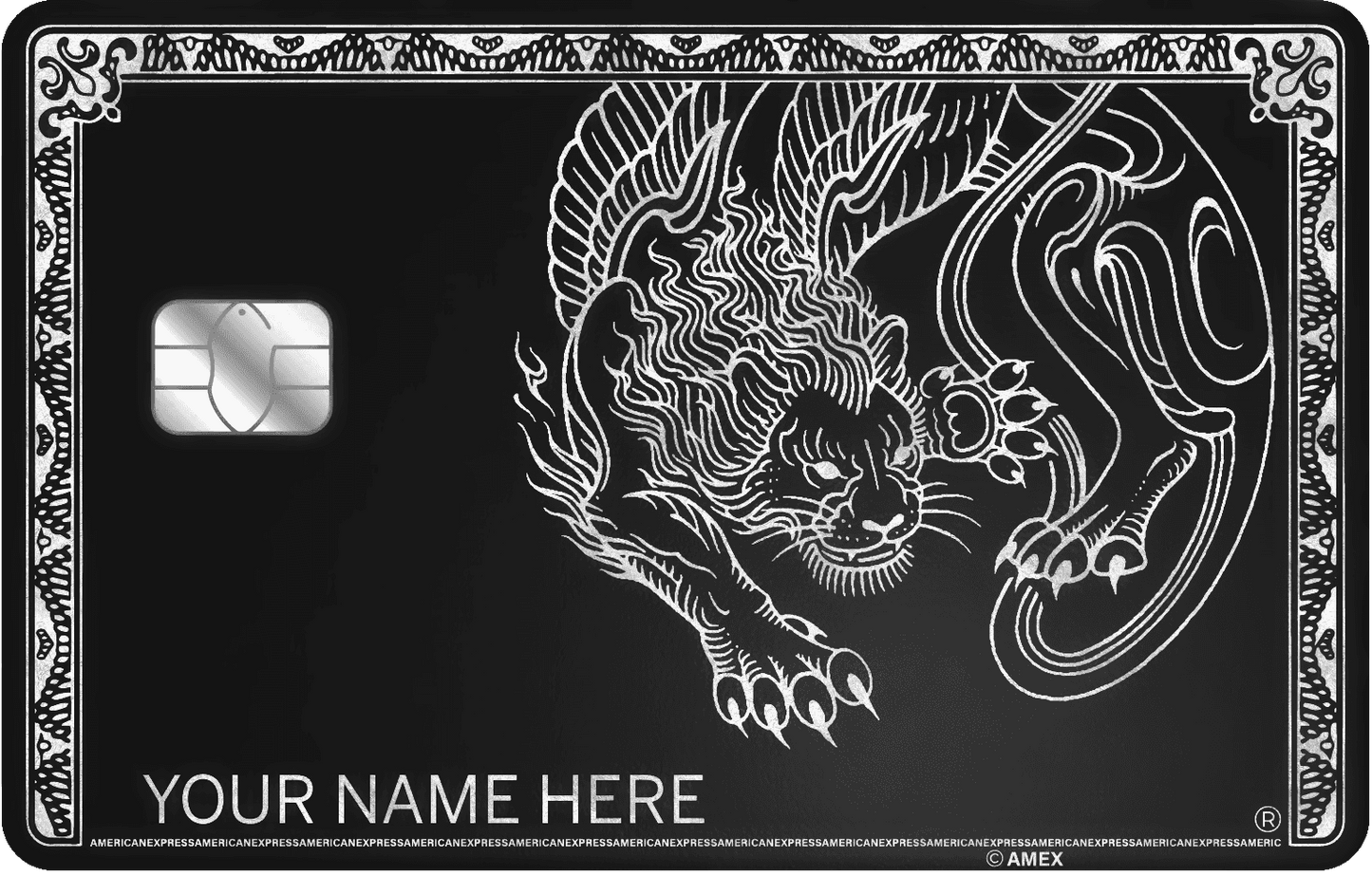 Silver metal credit card with engraved panther design and ornate border