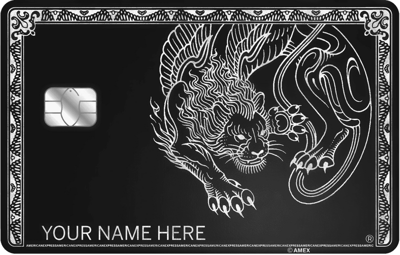 Silver metal credit card with engraved panther design and ornate border