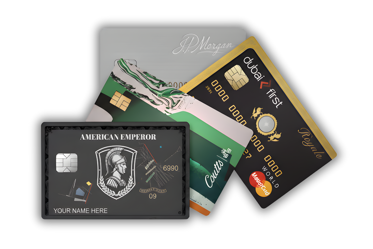 Showcase image featuring 4 different metal card designs, highlighting premium pre-made luxury options for international clients with easy selection and redirection to pre-made designs section