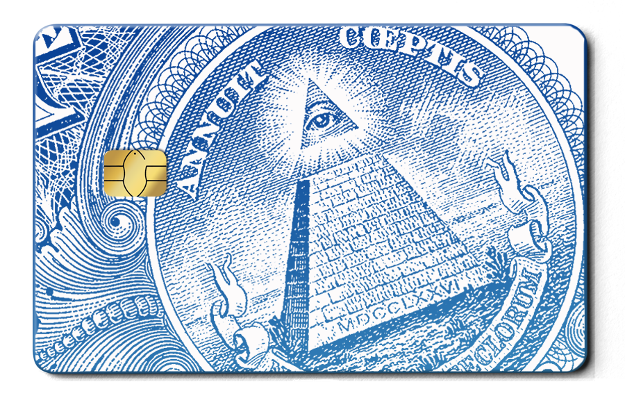 Metal card with blue pyramid and all-seeing eye design inspired by dollar bill art