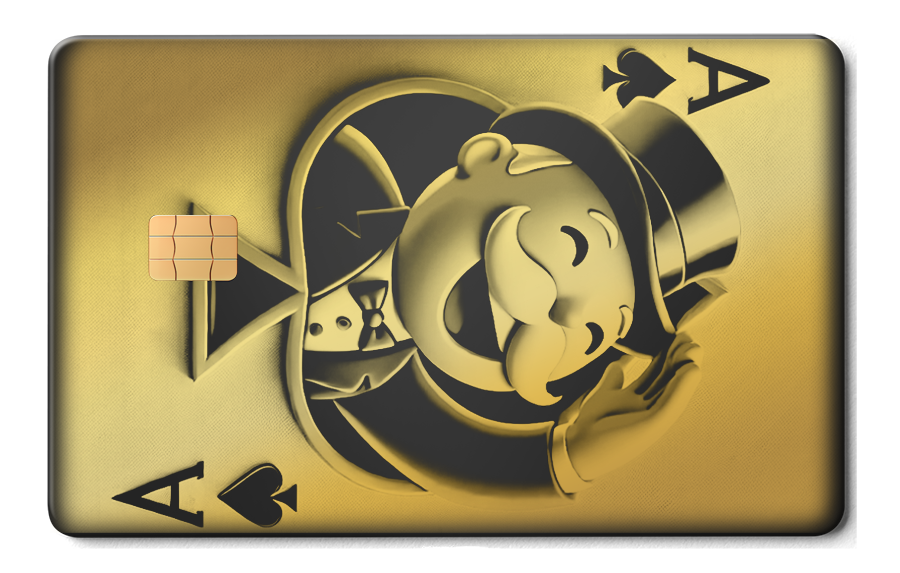 Gold metal card with embossed ace of spades design and Monopoly-style character