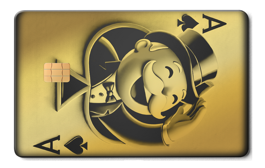 Gold metal card with embossed ace of spades design and Monopoly-style character