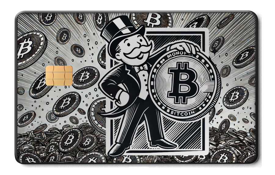 Metal card with Monopoly-style mascot holding a Bitcoin coin, Bitcoin graphics in background