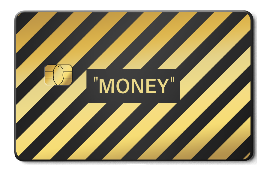 Metal card with gold and black stripes and the word MONEY in the center