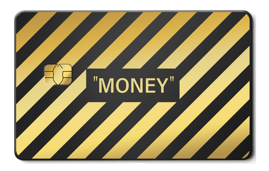 Metal card with gold and black stripes and the word MONEY in the center