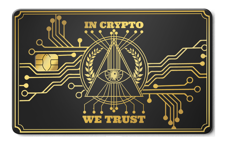 Black and gold metal card with crypto circuit design and 'In Crypto We Trust' text
