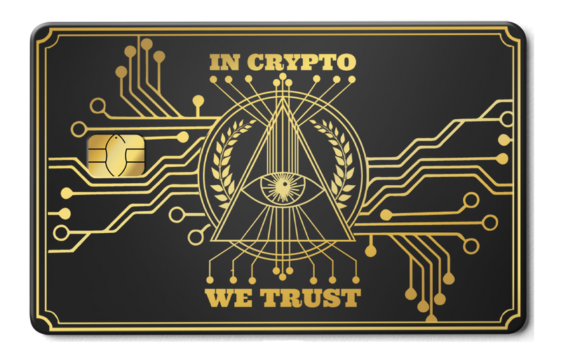 Black and gold metal card with crypto circuit design and 'In Crypto We Trust' text