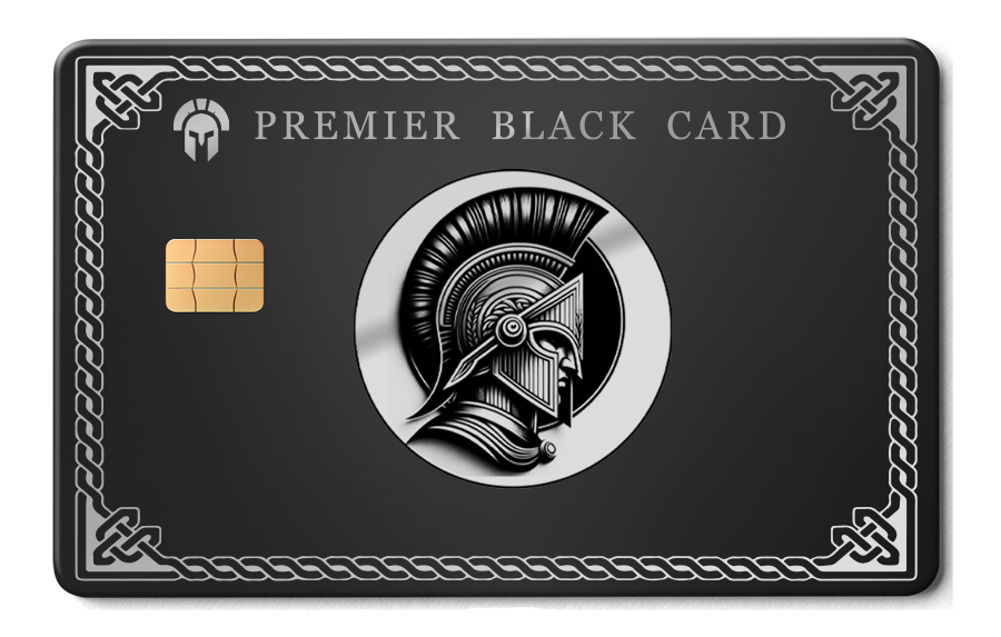 Premier Black Card metal card with Spartan helmet design and ornate border