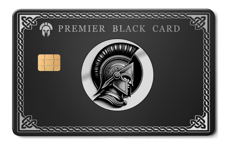 Premier Black Card metal card with Spartan helmet design and ornate border