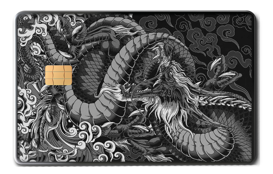 Black metal card with engraved Asian dragon design and gold chip