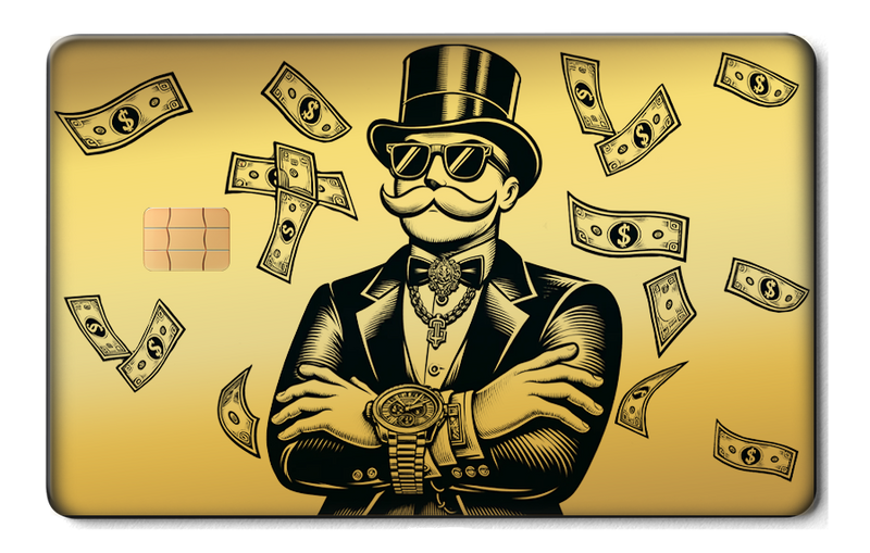Gold metal card featuring a cartoon rich man in a tuxedo, top hat, and sunglasses with flying dollar bills.