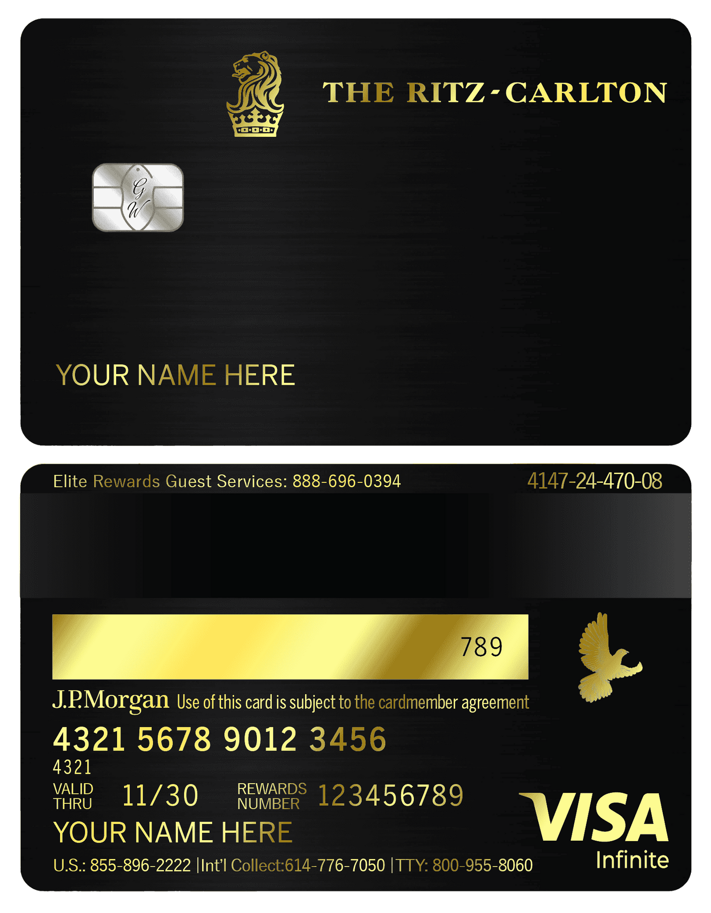 The Ritz-Carlton custom black and gold metal credit card with Visa Infinite and J.P. Morgan branding