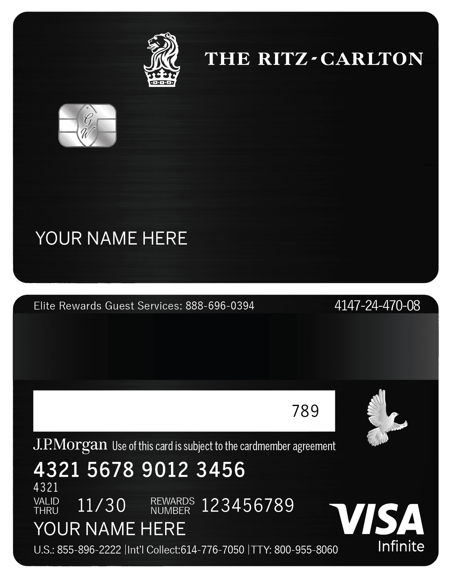 Black metal Ritz-Carlton credit card with chip, Visa Infinite, J.P. Morgan, custom name option