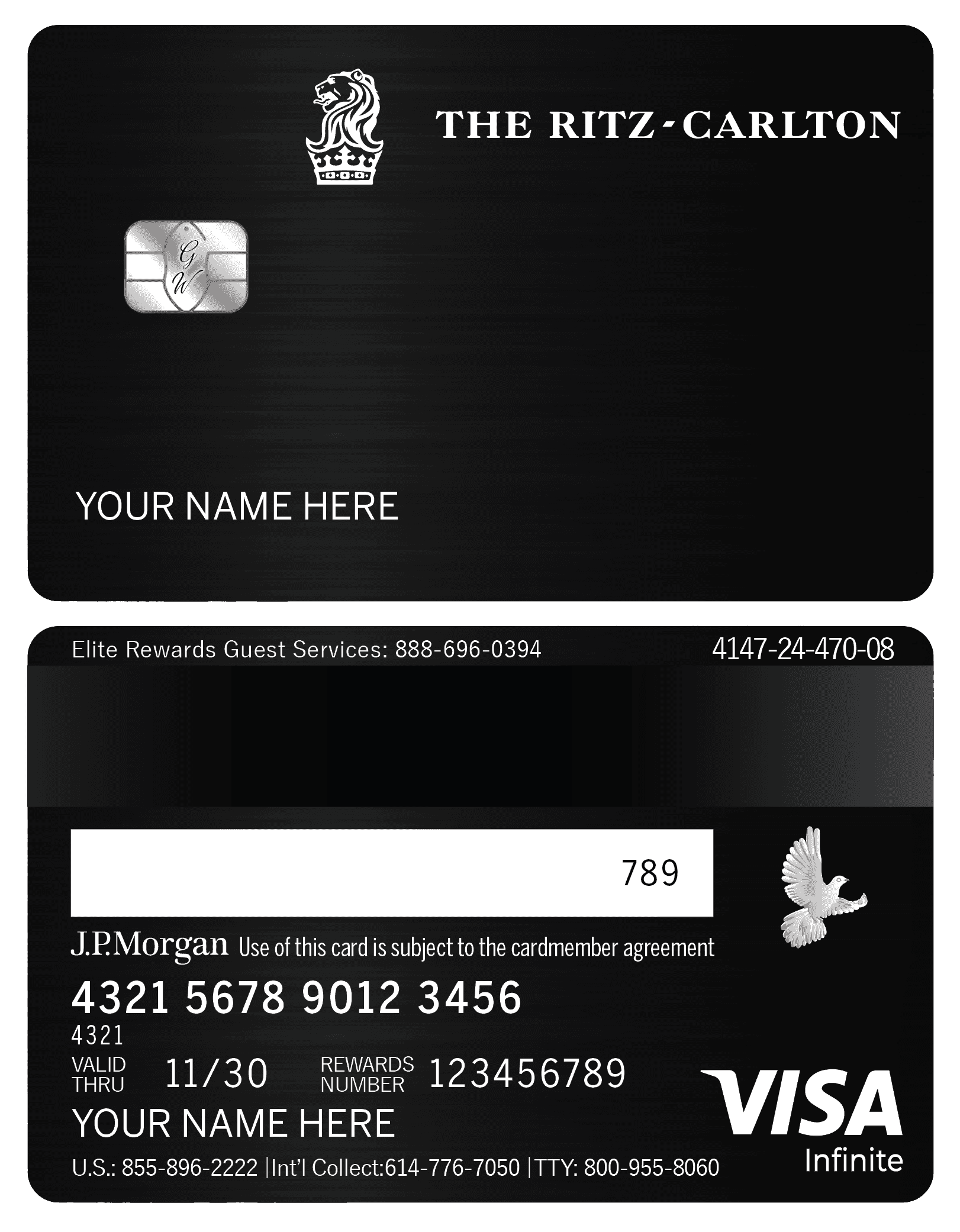 Black metal Ritz-Carlton credit card with chip, Visa Infinite, J.P. Morgan, custom name option