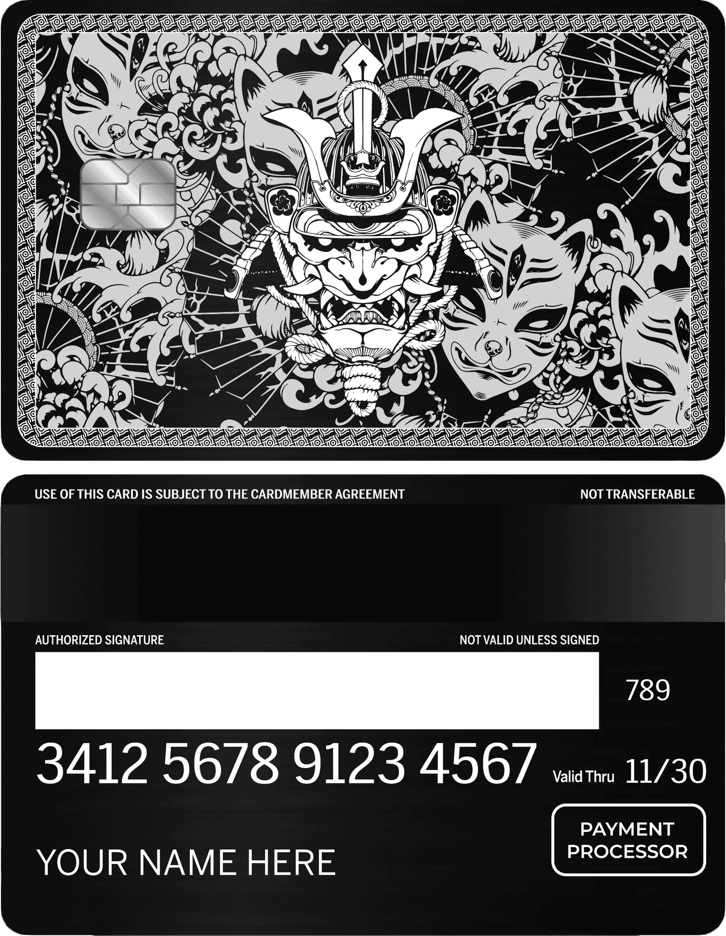 Metal card featuring silver samurai mask and kitsune fox mask design on black background