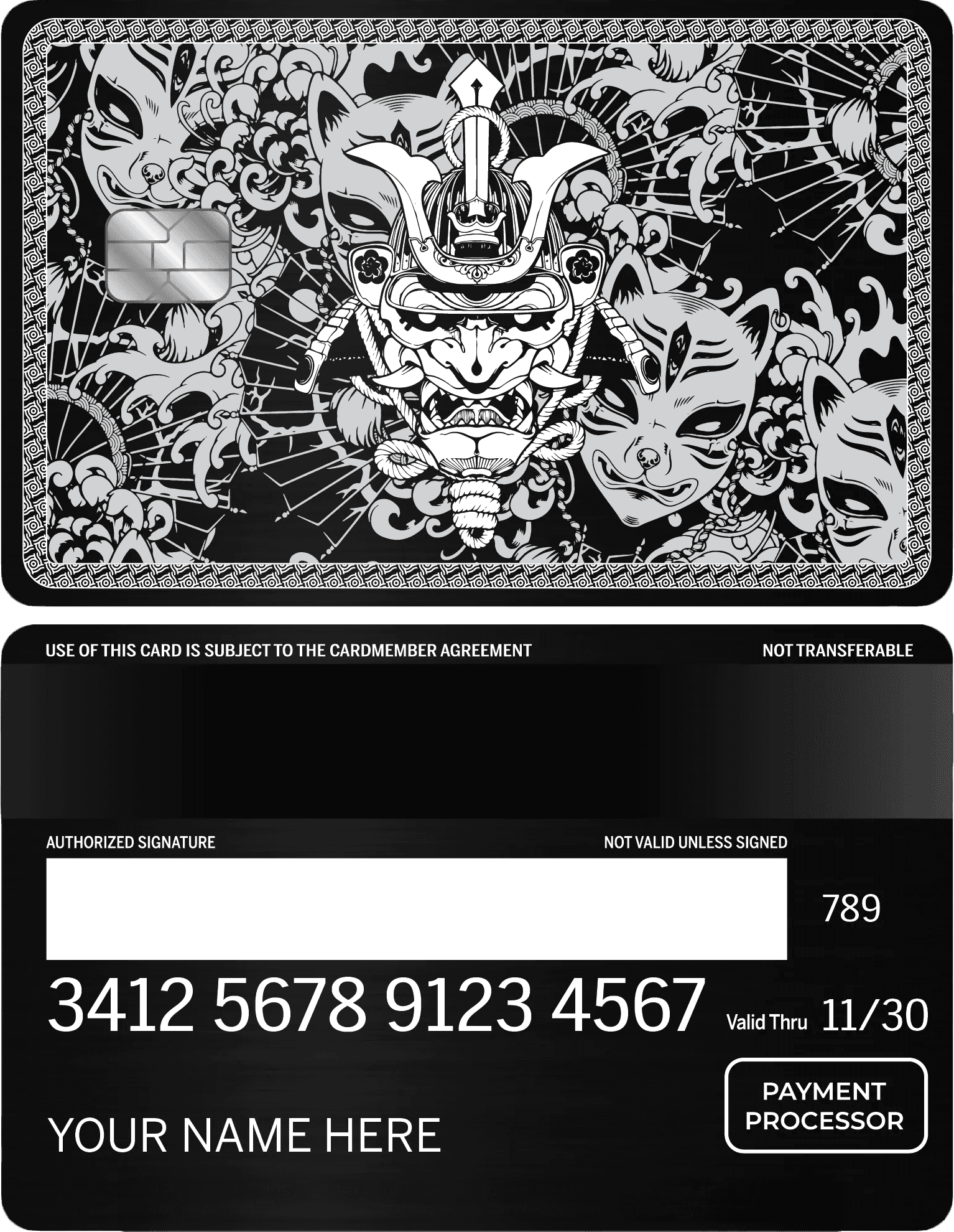 Metal card featuring silver samurai mask and kitsune fox mask design on black background