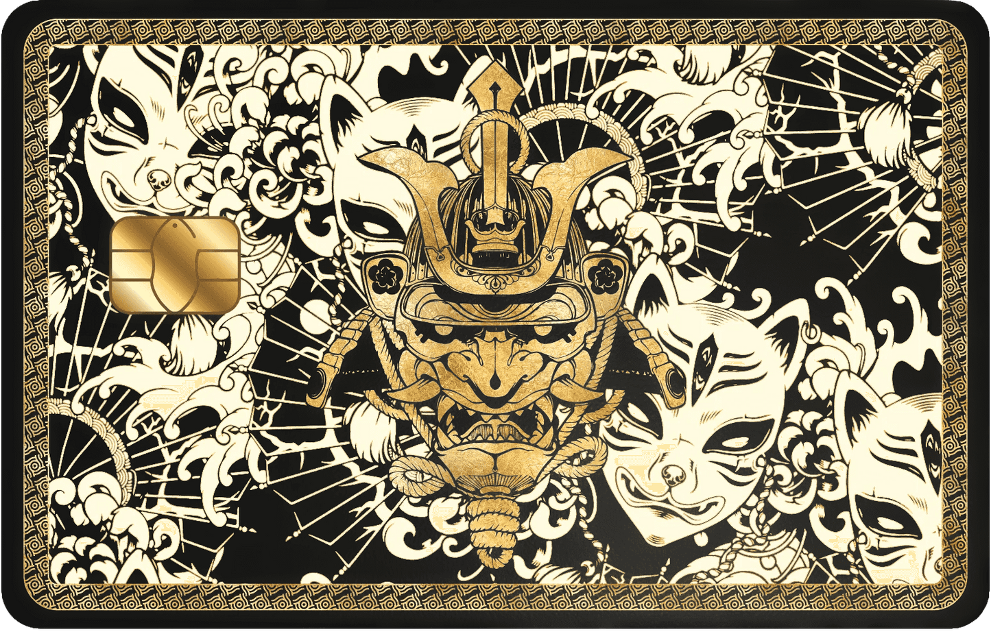 Samurai gold metal card with Japanese mask art, intricate black and gold design