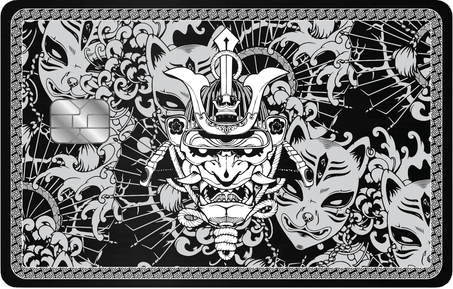 Samurai mask design metal card with kitsune masks, floral and geometric Japanese patterns