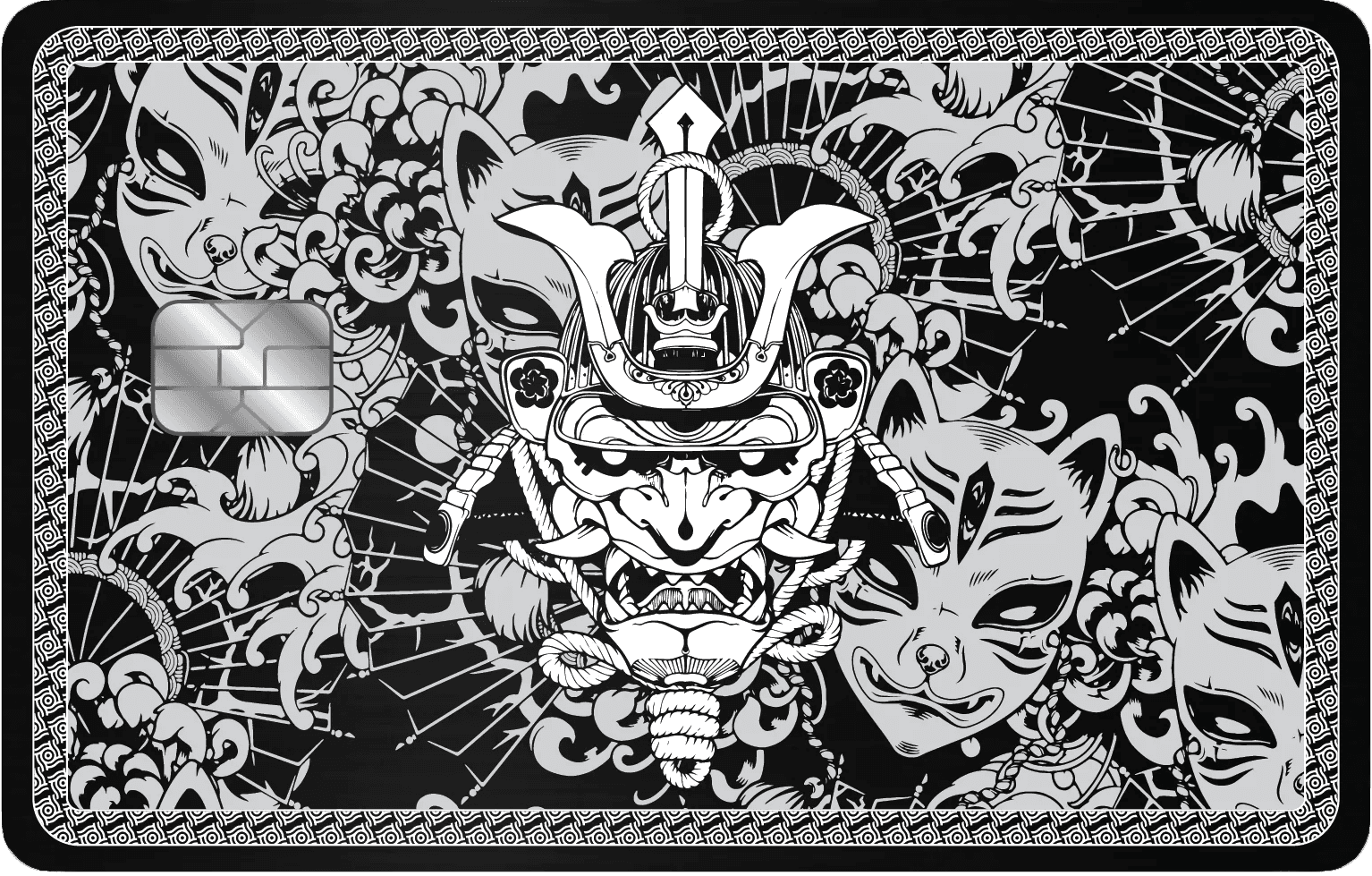 Samurai mask design metal card with kitsune masks, floral and geometric Japanese patterns