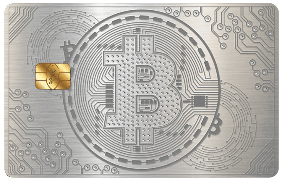 Sleek silver metal Bitcoin card with premium crypto design