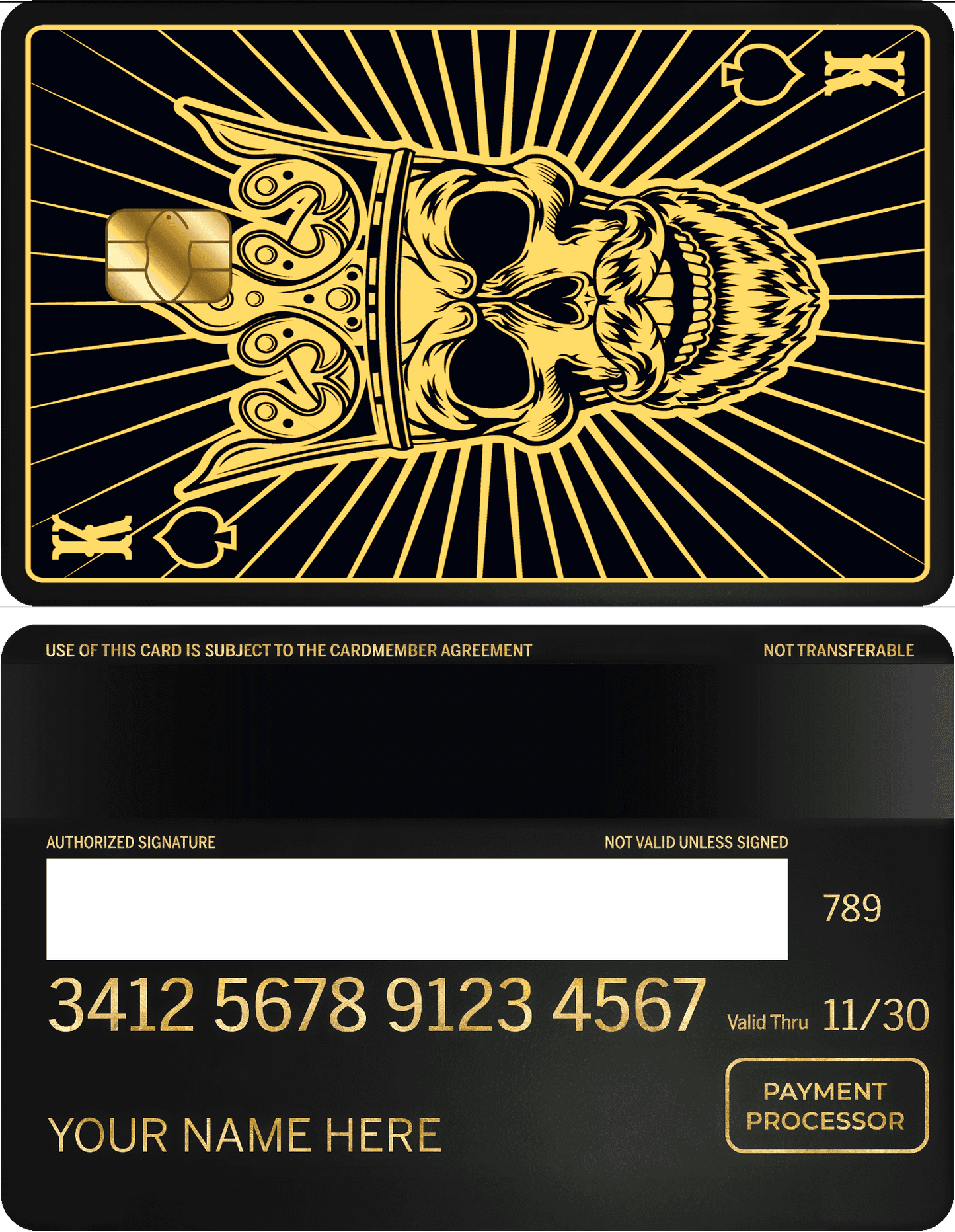 Metal card with gold skull wearing crown, playing card king design, black background