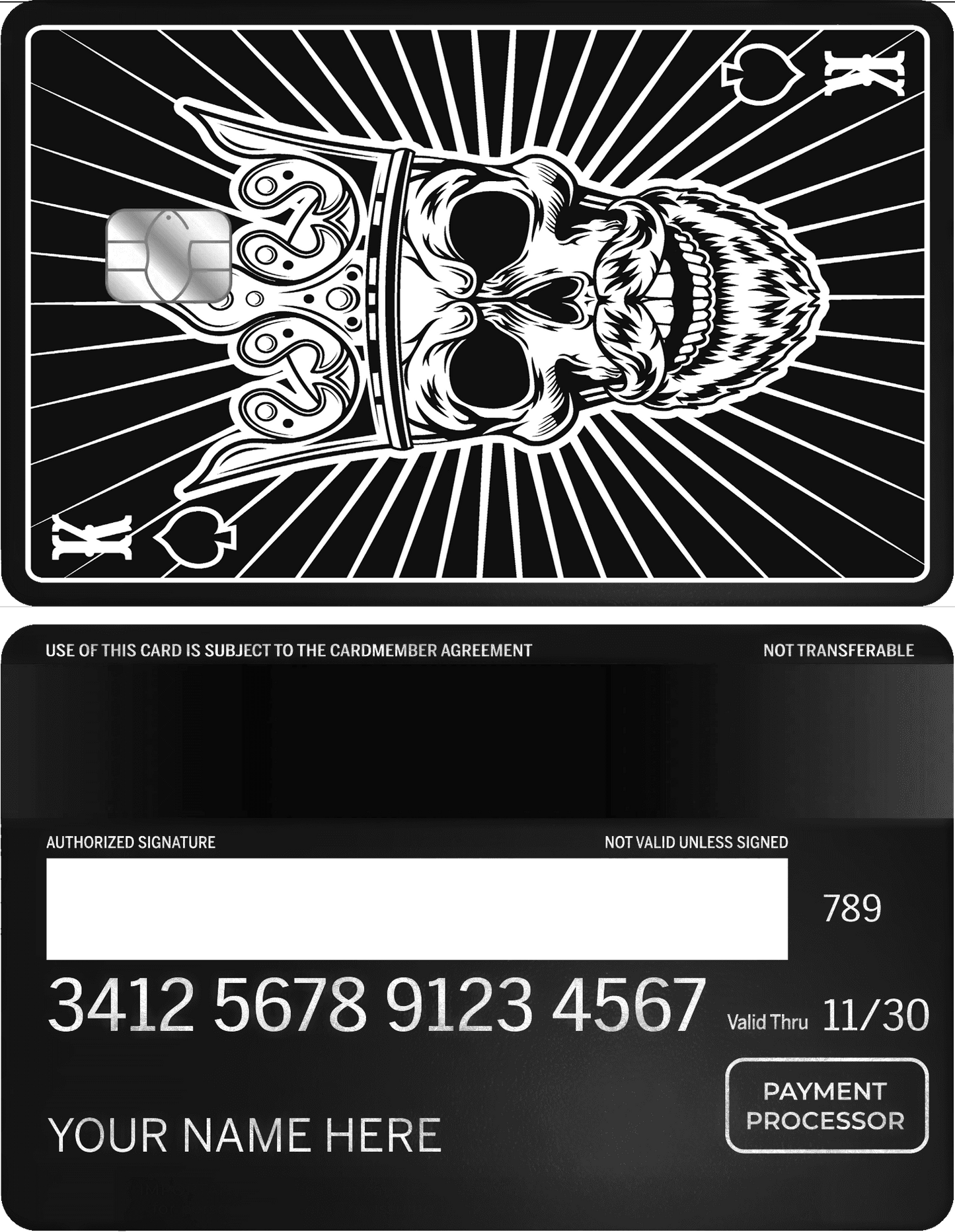 Metal card with silver crowned skull design, black background, playing card theme.
