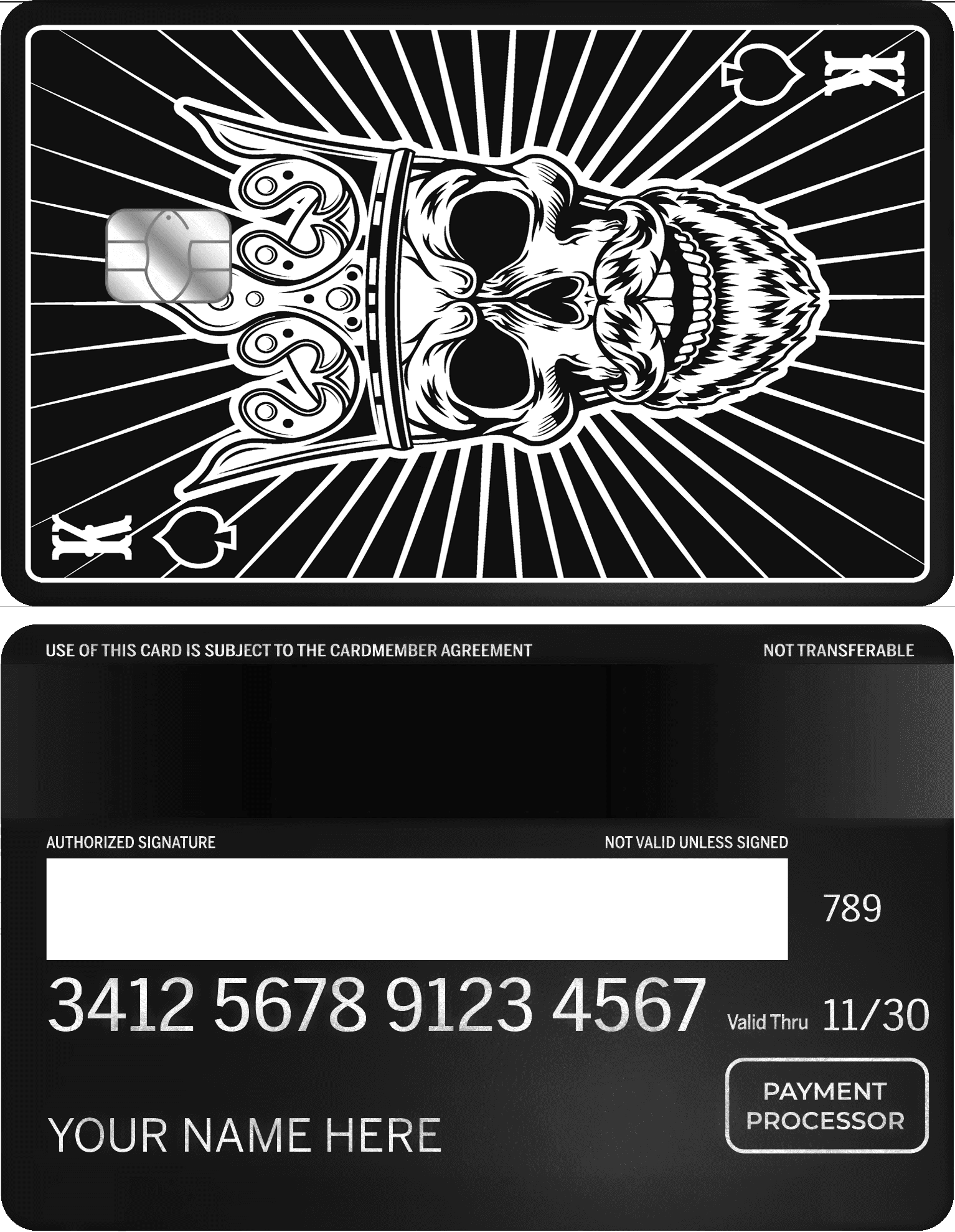 Metal card with silver crowned skull design, black background, playing card theme.