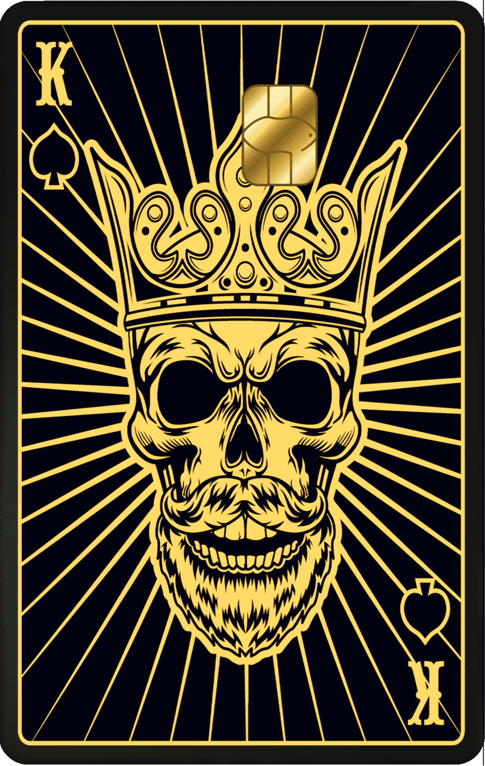 Gold metal card featuring a crowned king skull, spade symbols, and radiant lines design.