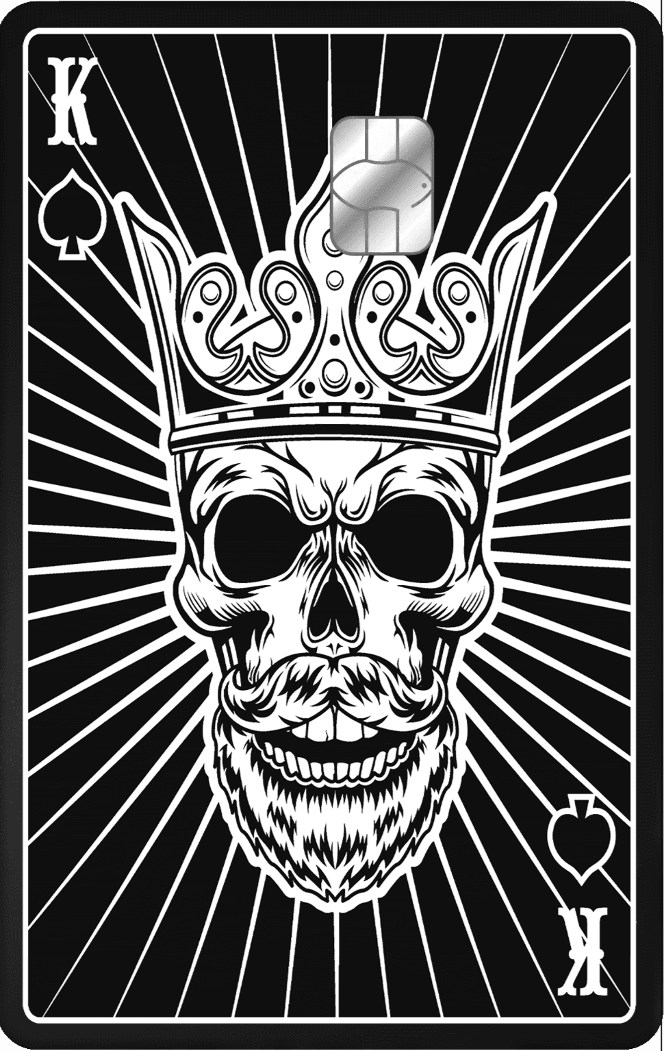 Metal card featuring a King of Spades skull design with crown and black, white graphic rays.
