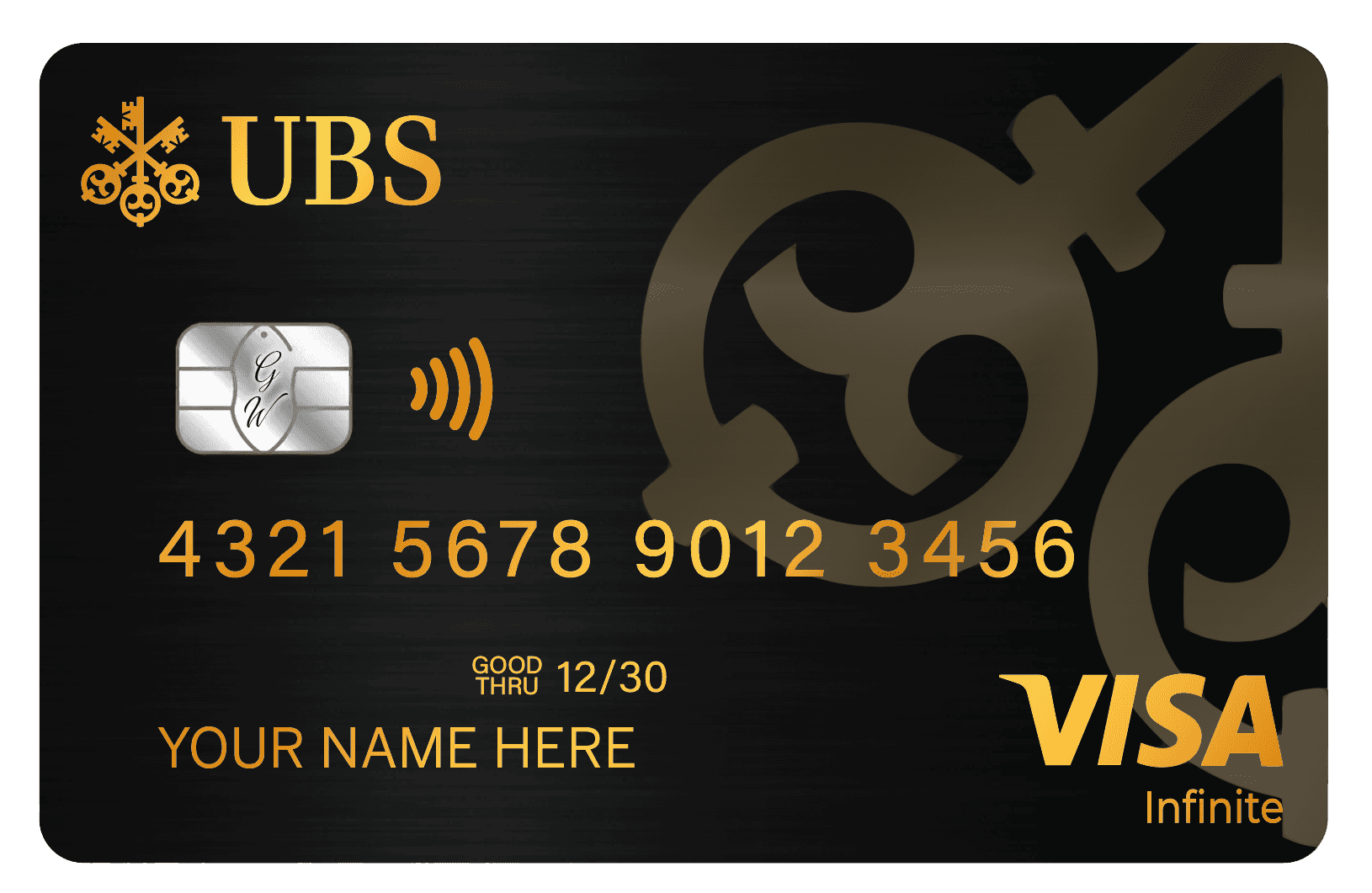 UBS gold metal credit card, VISA Infinite, black and gold design, contactless chip