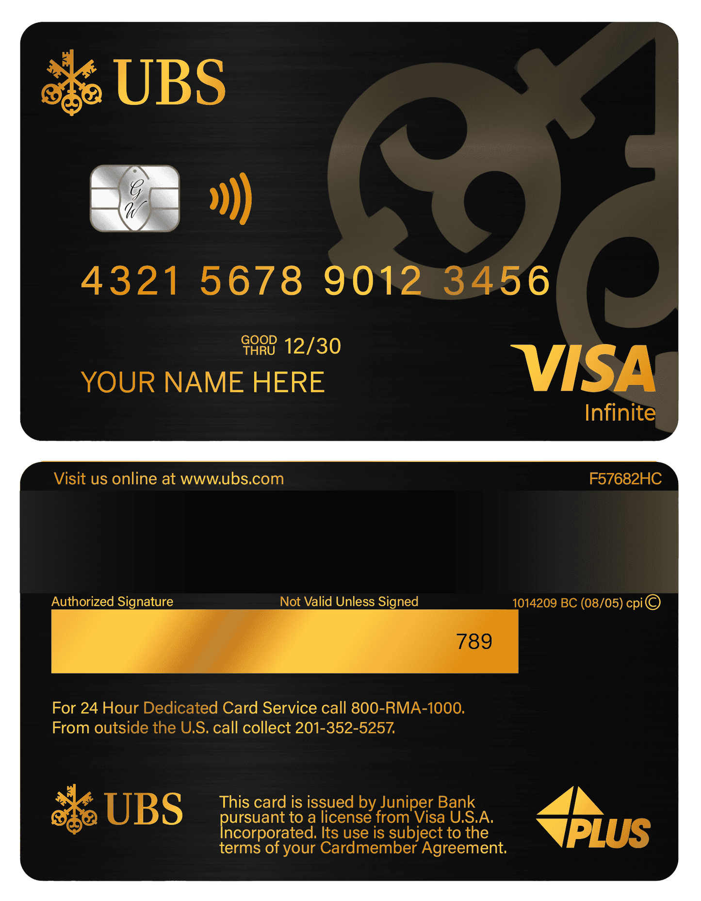 UBS gold metal credit card front and back with Visa Infinite branding, black and gold design