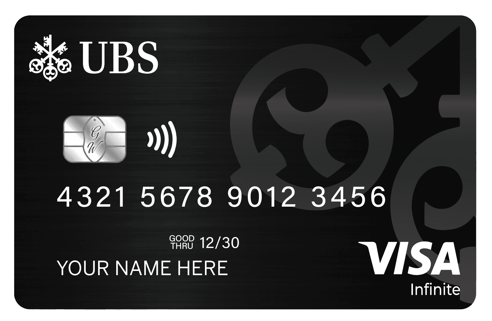 Black metal UBS Visa Infinite card with chip, contactless icon, and custom name option