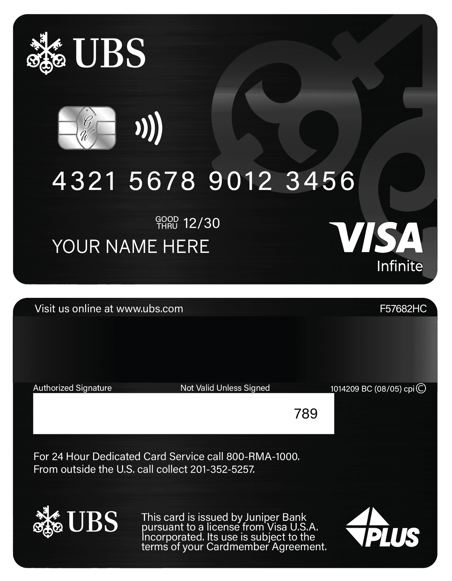 UBS metal Visa Infinite card front and back, black design, chip, contactless symbol