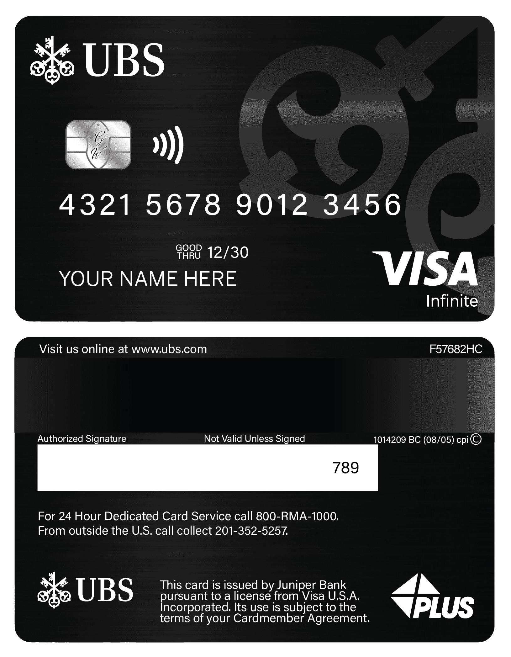 UBS metal Visa Infinite card front and back, black design, chip, contactless symbol