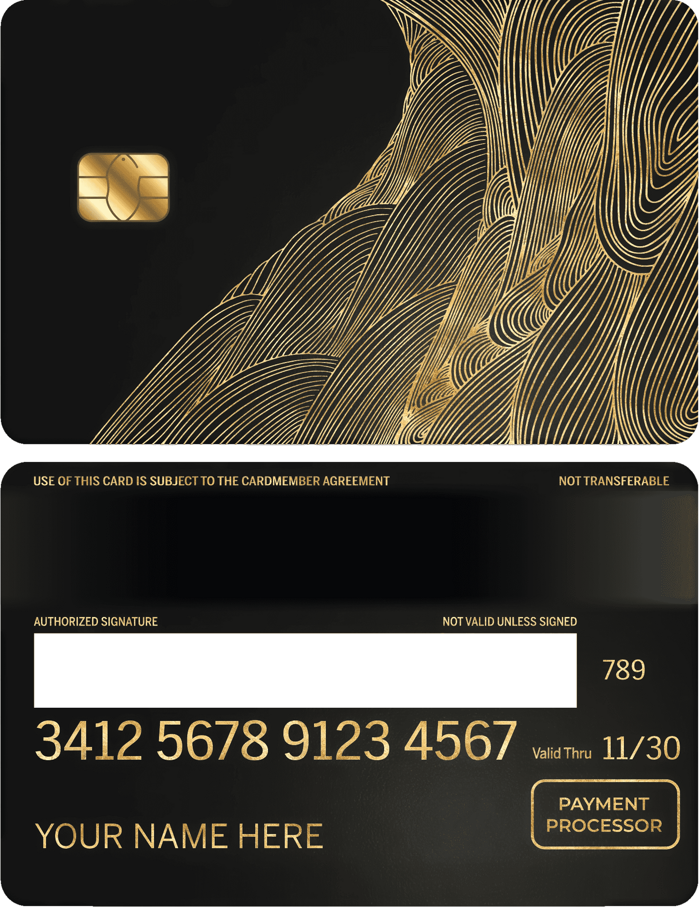 Luxury metal card with gold wave design, EMV chip, and custom engraved personal details.