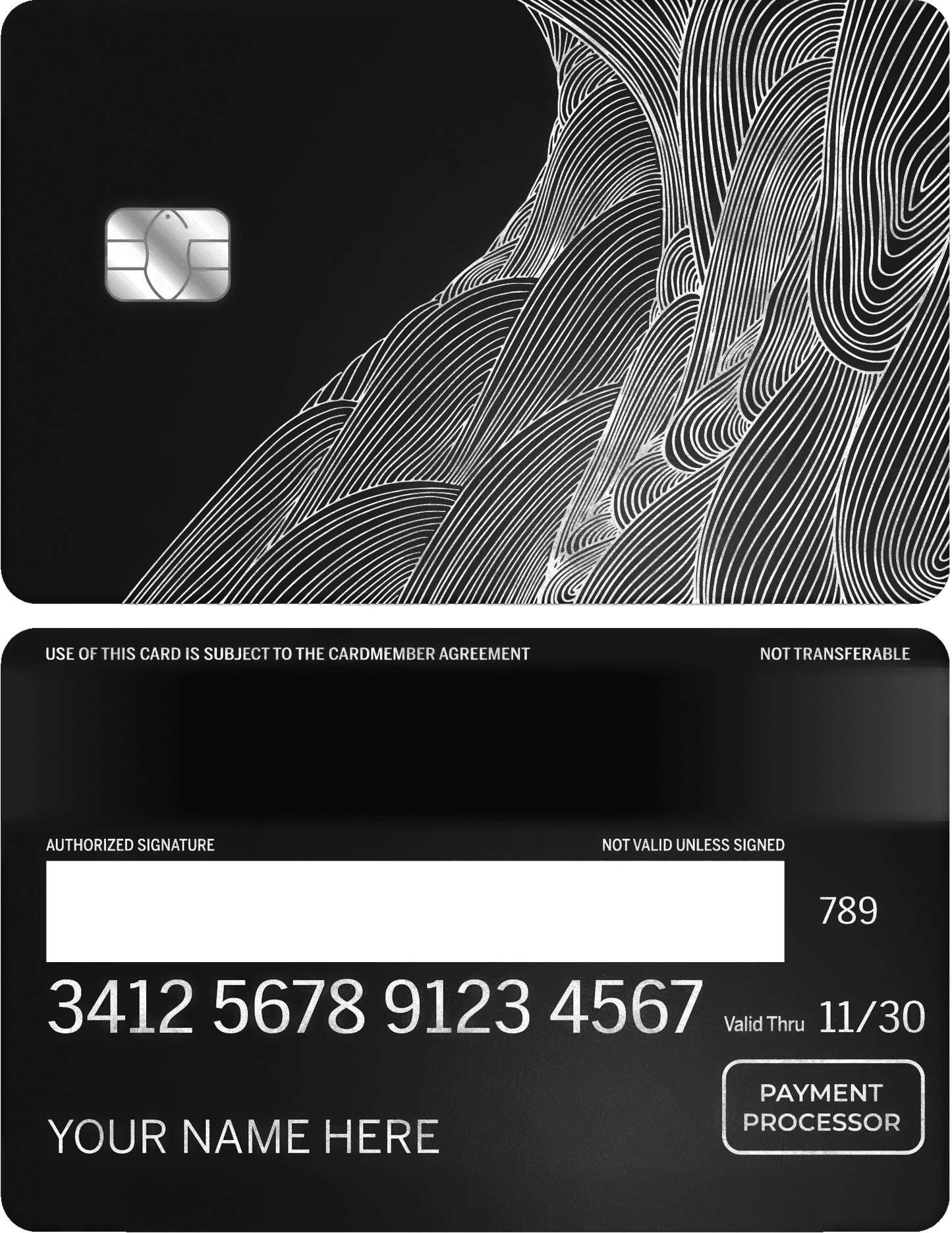 Metal card with silver wave design, EMV chip, and custom name engraving option