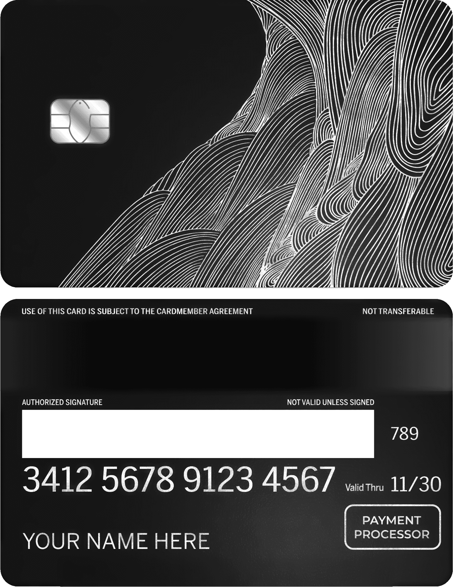 Metal card with silver wave design, EMV chip, and custom name engraving option