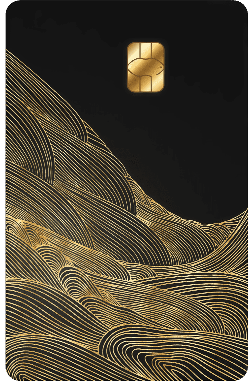 Black metal card with gold wave pattern and gold chip, luxury metal card design